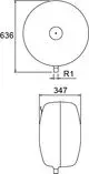Druckausdehnungsgefäß mit runder Form und zentralem Anschluss. Produkt von IMI Hydronic Engineering, dargestellt in zwei Ansichten: oben und seitlich mit entsprechenden Maßen.